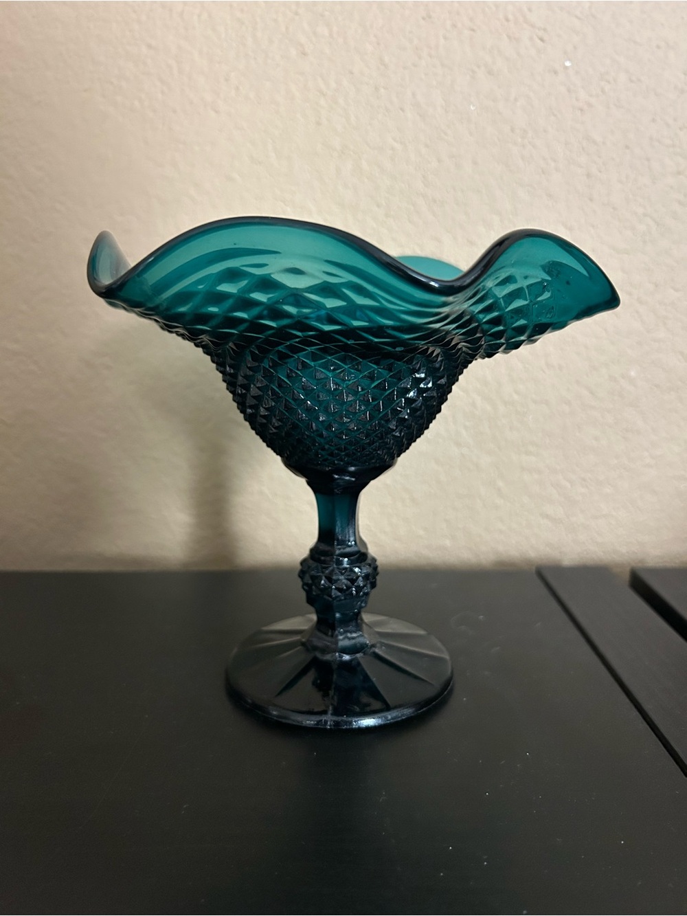 Vintage Teal Blue Glass Pedestal Bowl Vase Compote Diamond Point Pattern Dish